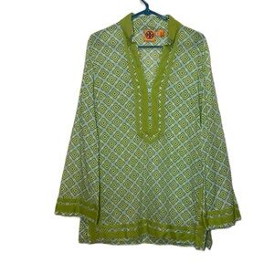 Tory Burch By Tre Vintage Green Yellow Collard Tunic Top Size 12